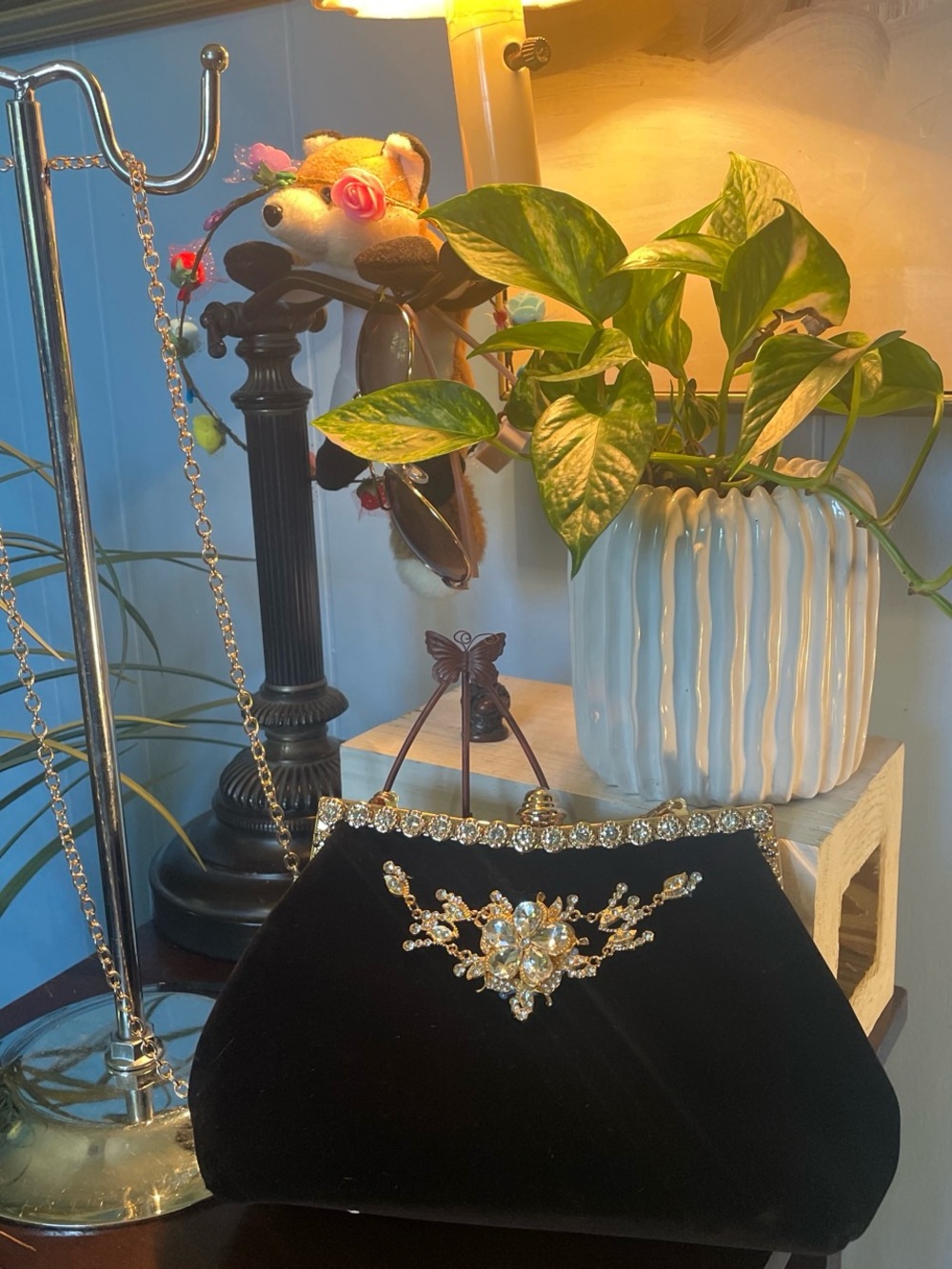 Black Velvet Crystal-Embellished Crossbody Bag